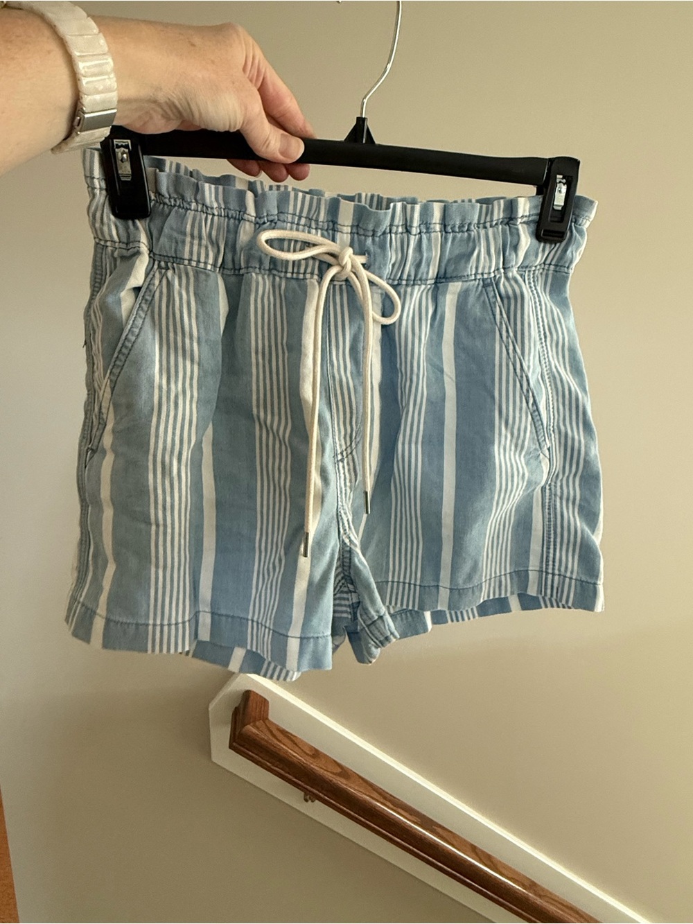 LOFT Blue and White Striped Drawstring Shorts